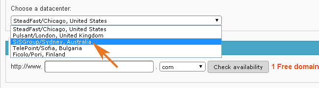 Choose the AU Data Center at Hosting Signup