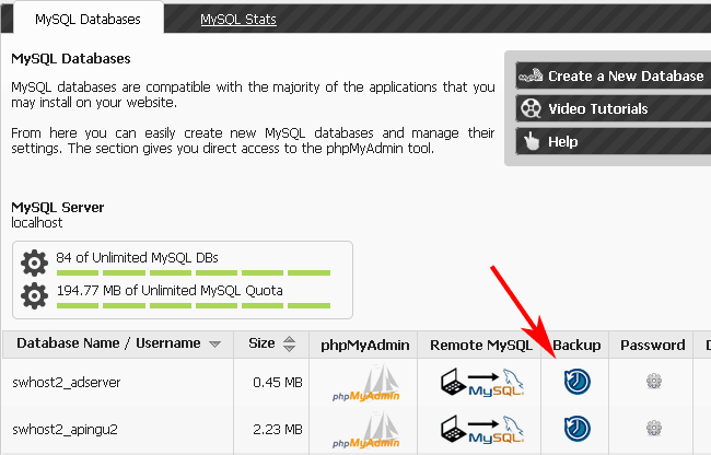 MySQL backup button